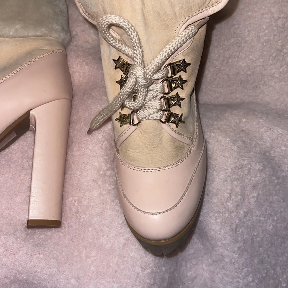 RED VALENTINO Nude Lace Up with Fur Leather Heels Boots/Booties - Picture 3 of 12